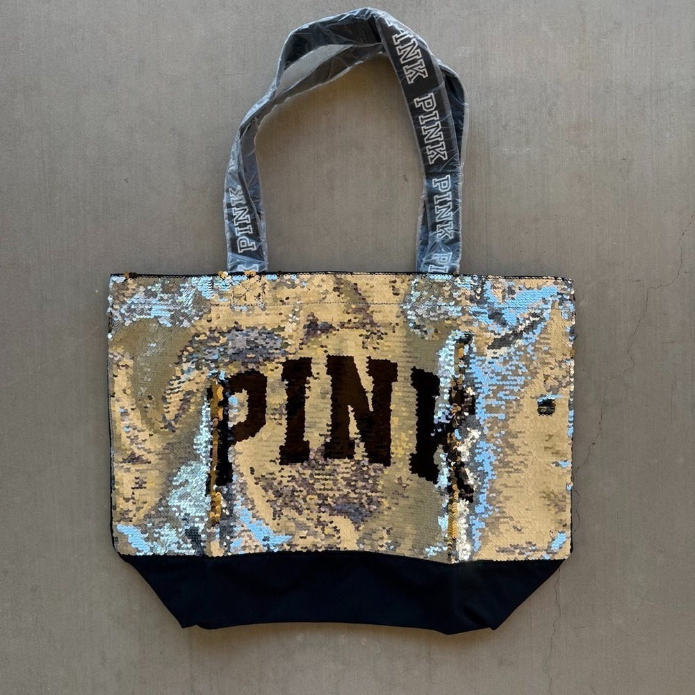 Victoria's Secret PINK Sequin Tote Bag Reversible Silver Gold Black NWT Y2K